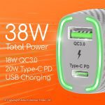 CH39 Gadjet 2-Port Fast Car Charger 38W Total Power 18W QC3.0 20W Type-C PD USB Charging