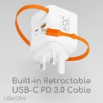 GadJet CH72 GaN 2-Port Retractable Power Adapter - Built-in Retractable USB-C PD 3.0 Cable